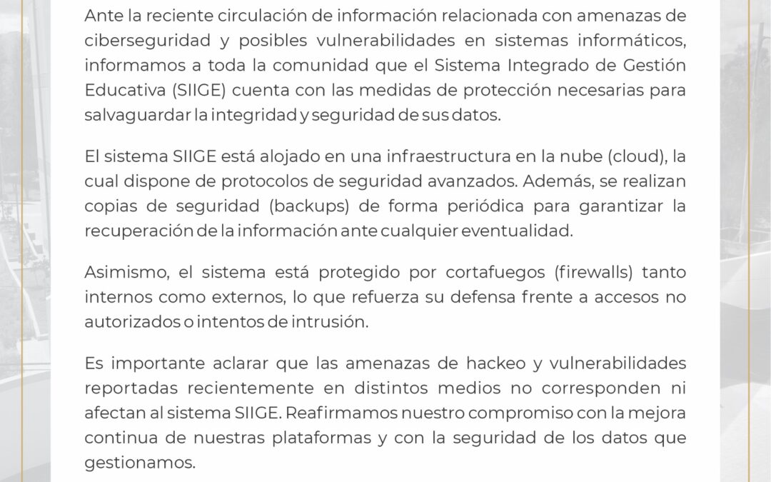 COMUNICADO: Información relacionada a amenazas de ciberseguridad