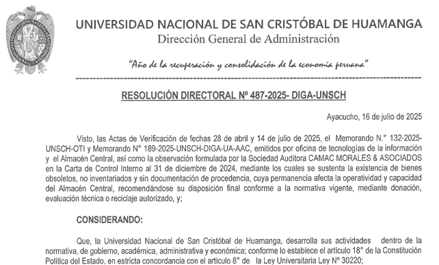 Baja física y contable de existencias del Almacén Central de la UNSCH
