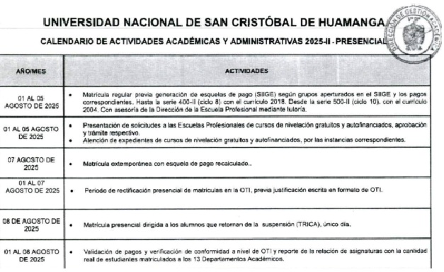 Calendario de Actividades Académico-Administrativas 2025-II