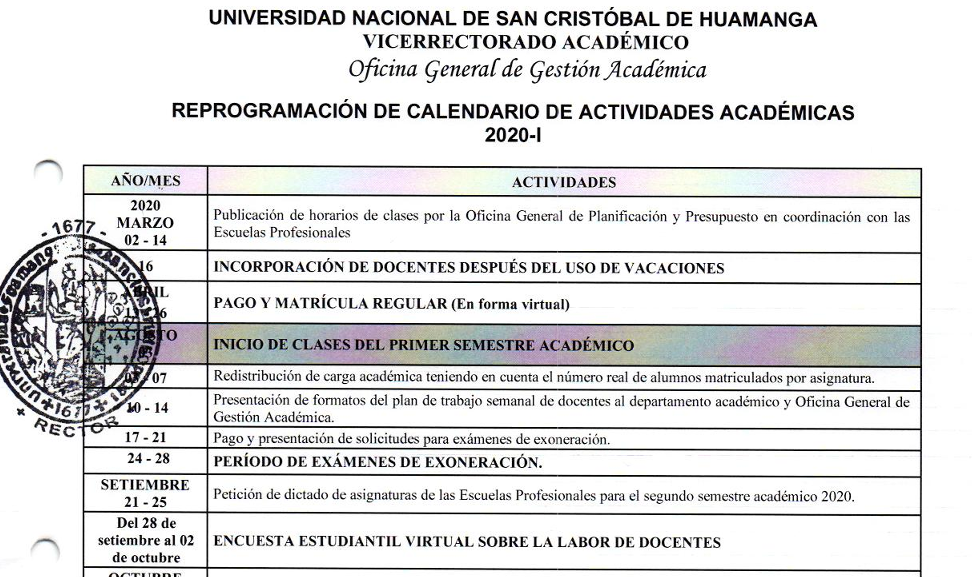 Calendario de Actividades Académico-Administrativas 2020-I