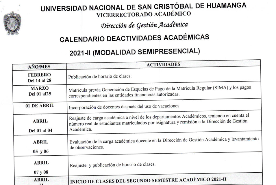 Calendario de Actividades Académico-Administrativas 2021-II