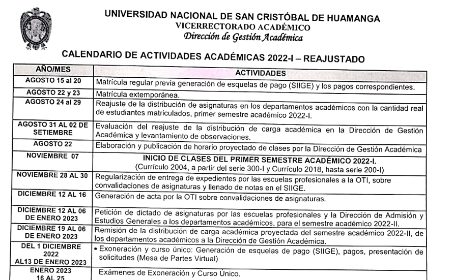 Calendario de Actividades Académico-Administrativas 2022-I