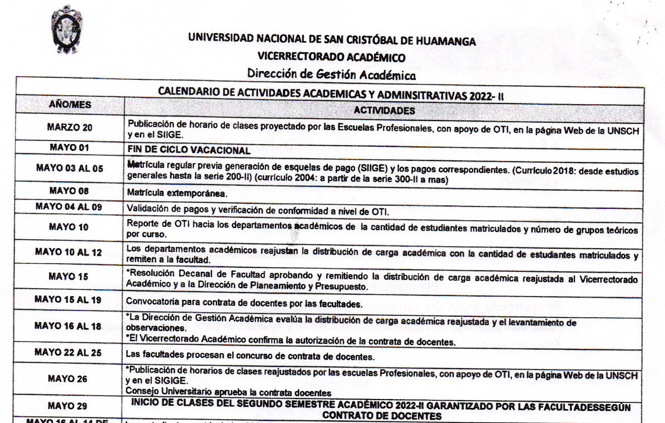 Calendario de Actividades Académico-Administrativas 2022-II