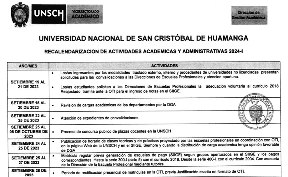 Calendario de Actividades Académico-Administrativas 2024-I