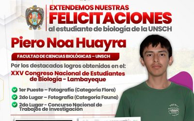 FELICITAMOS A PIERO NOA HUAYRA POR OBTENER LOGROS EN EL XXV CONGRESO NACIONAL DE ESTUDIANTES DE BIOLOGÍA