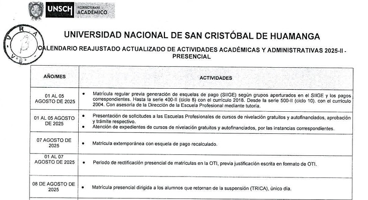Modificación del Calendario Académico 2025-II – RCU Nº2820-2025-UNSCH-CU